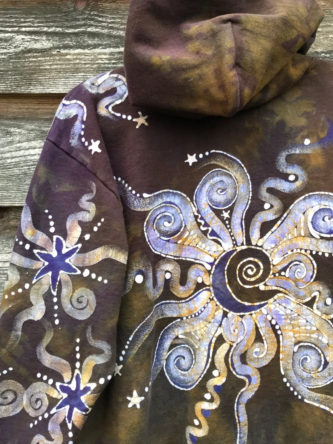 Dark Gold and Purple Moon and Star  Handcrafted Batik Zipper Hoodie - Size Medium