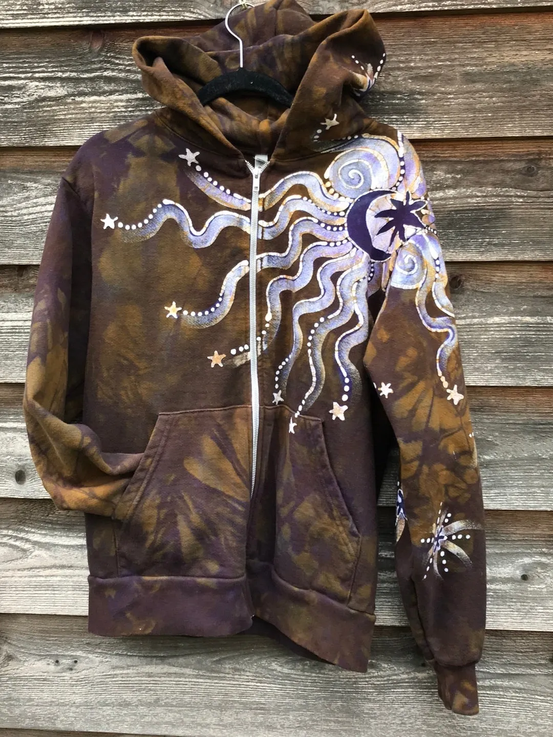 Dark Gold and Purple Moon and Star  Handcrafted Batik Zipper Hoodie - Size Small