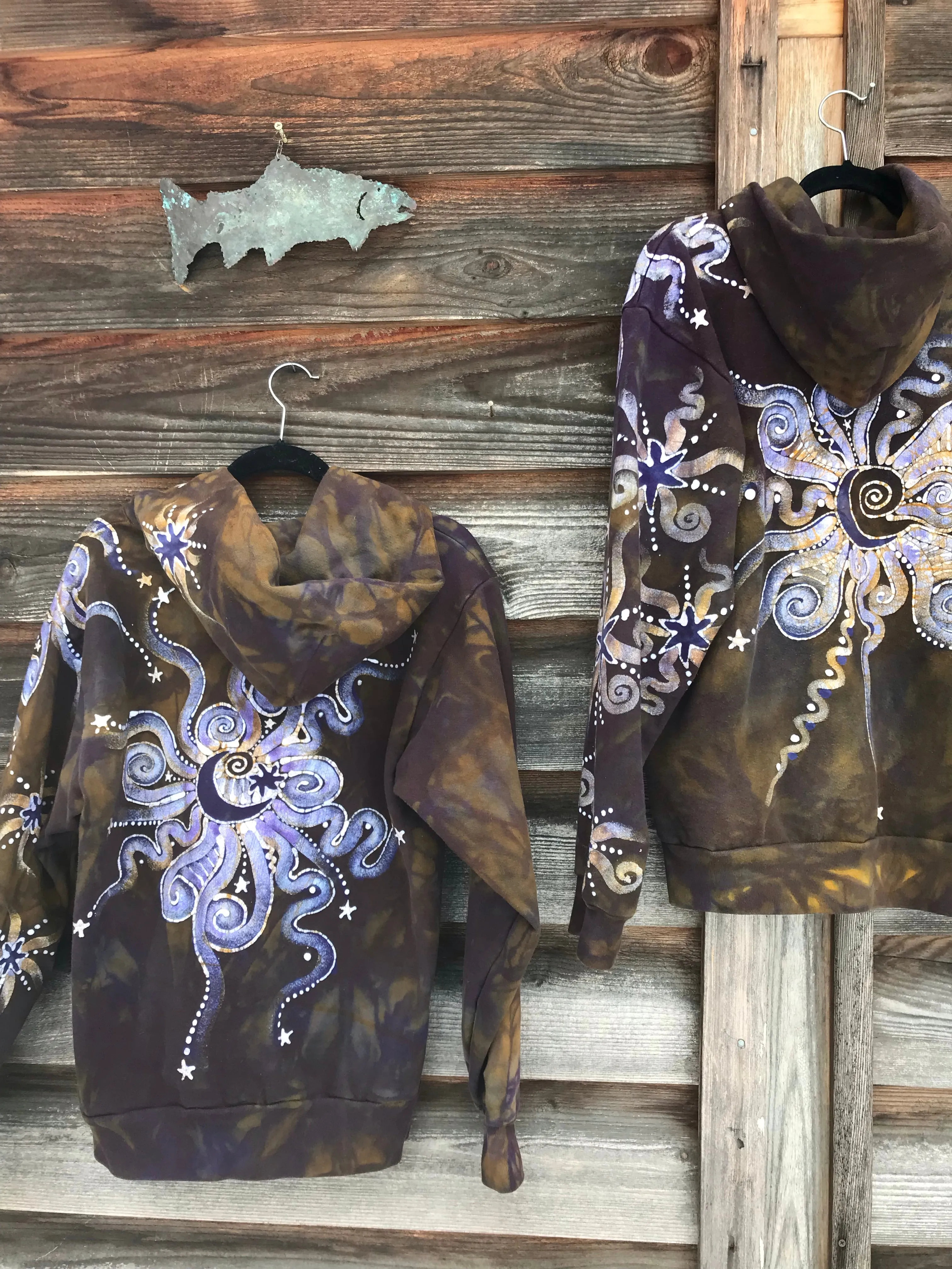 Dark Gold and Purple Moon and Star  Handcrafted Batik Zipper Hoodie - Size Small