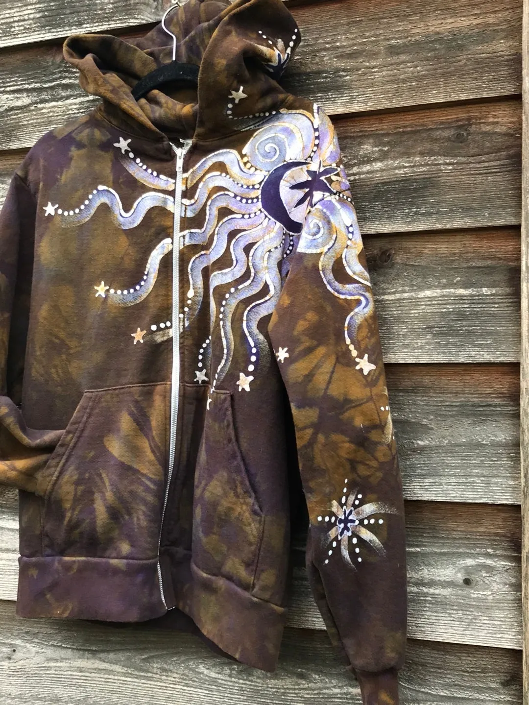 Dark Gold and Purple Moon and Star  Handcrafted Batik Zipper Hoodie - Size Small