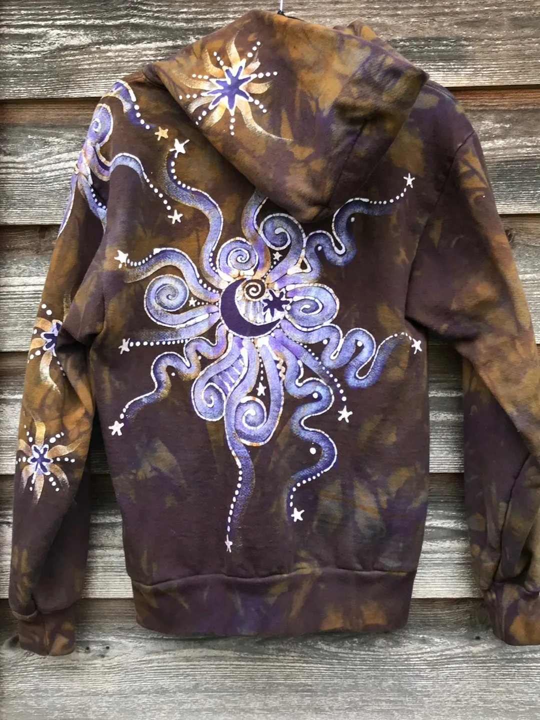 Dark Gold and Purple Moon and Star  Handcrafted Batik Zipper Hoodie - Size Small