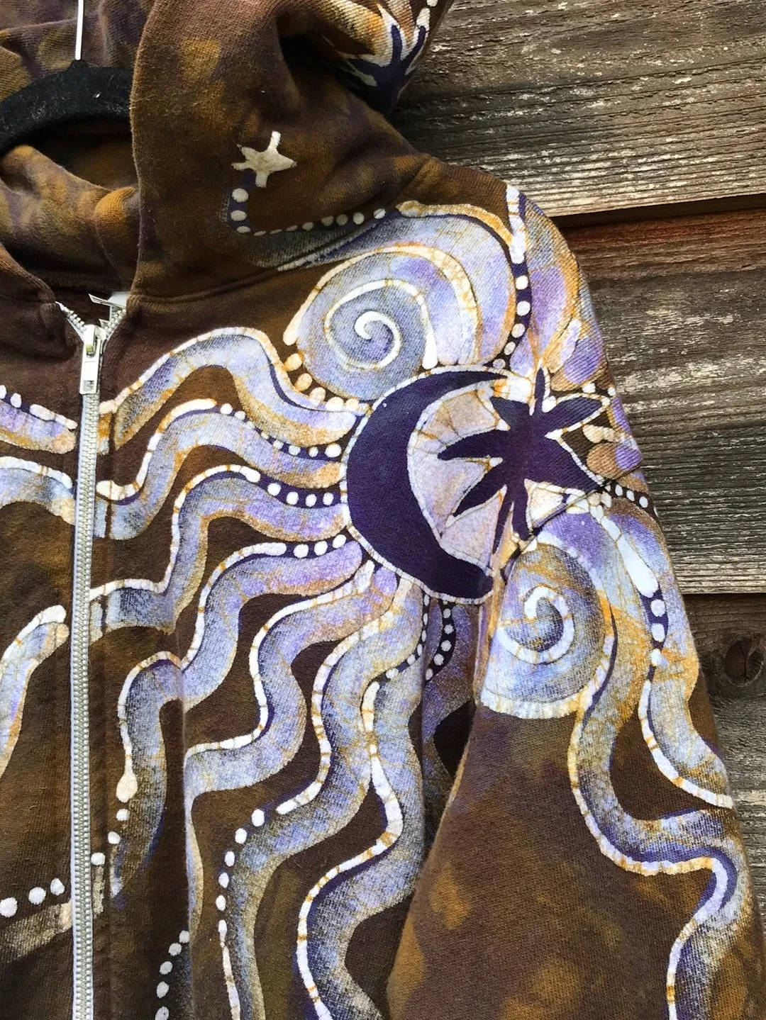 Dark Gold and Purple Moon and Star  Handcrafted Batik Zipper Hoodie - Size Small