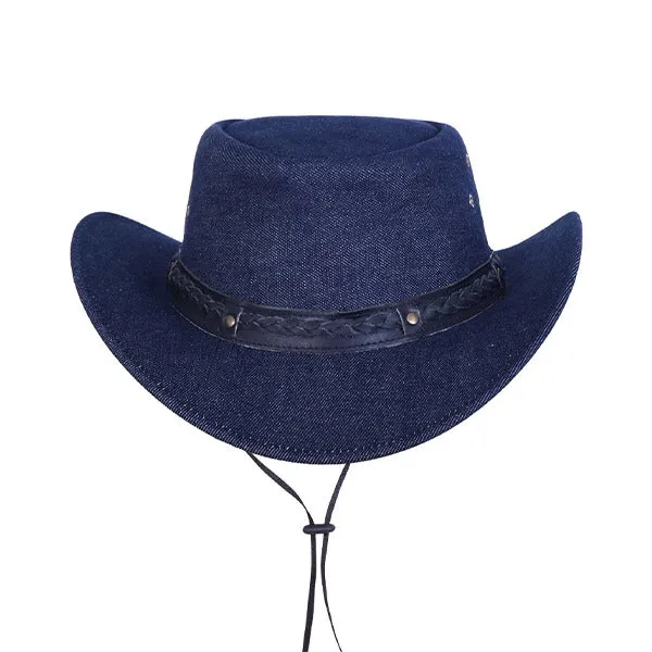 Denim Cowboy Western Hat With Braided Leather Band & Adjustable Chin Strap