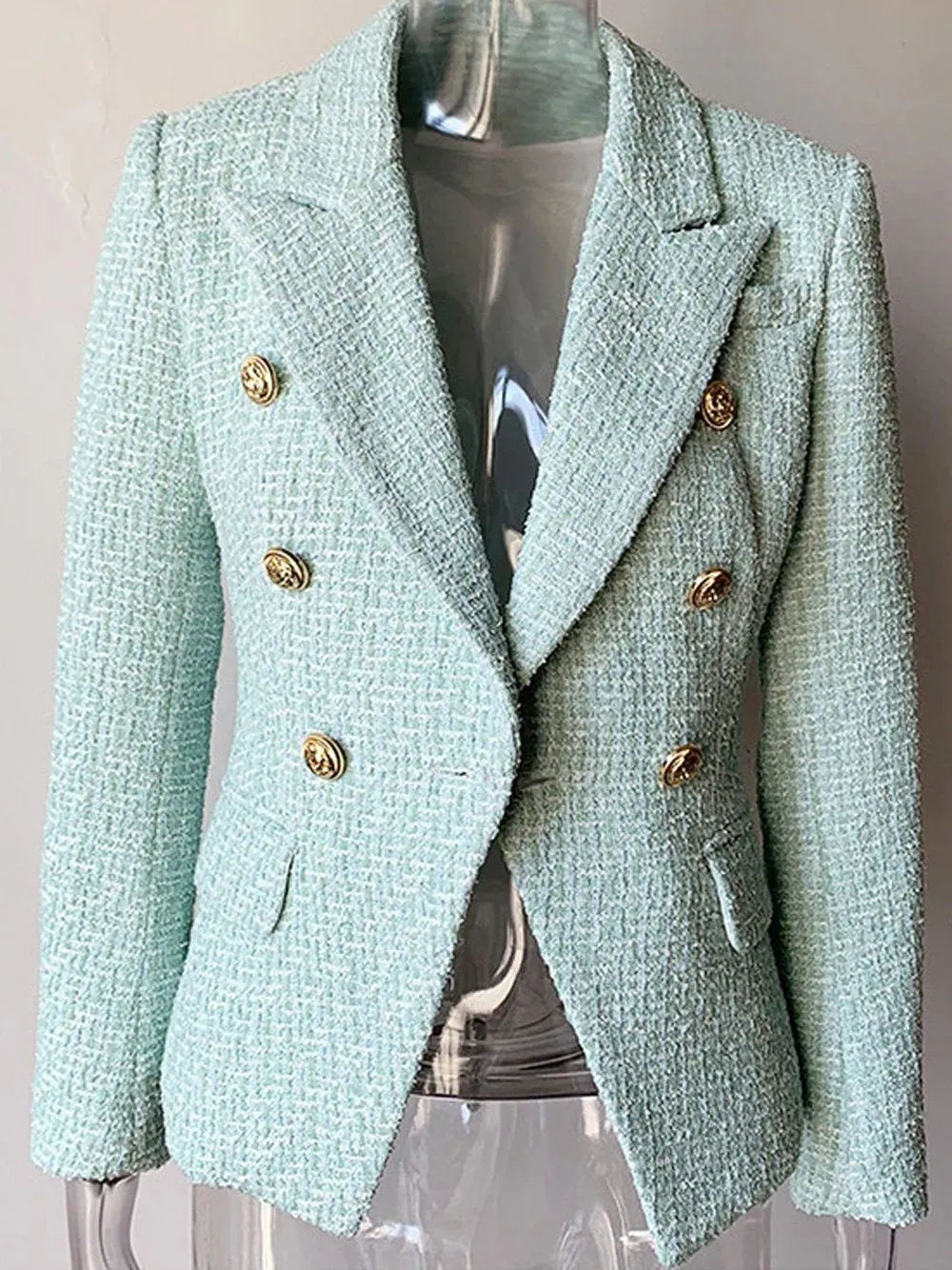 Double Breasted Tweed Blazer in Mint