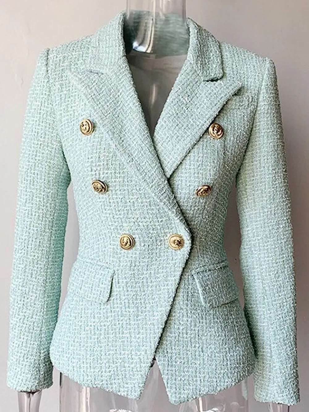 Double Breasted Tweed Blazer in Mint