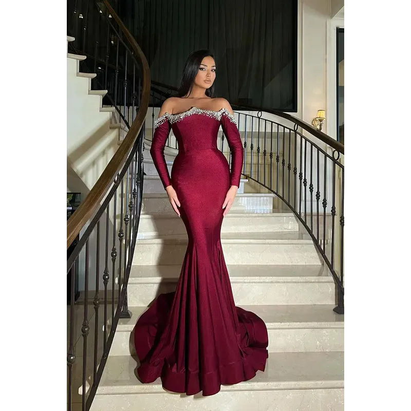 Elegant & Luxurious Off-Shoulder Long Sleeves Mermaid Evening Party Prom Dress With Rhinesto