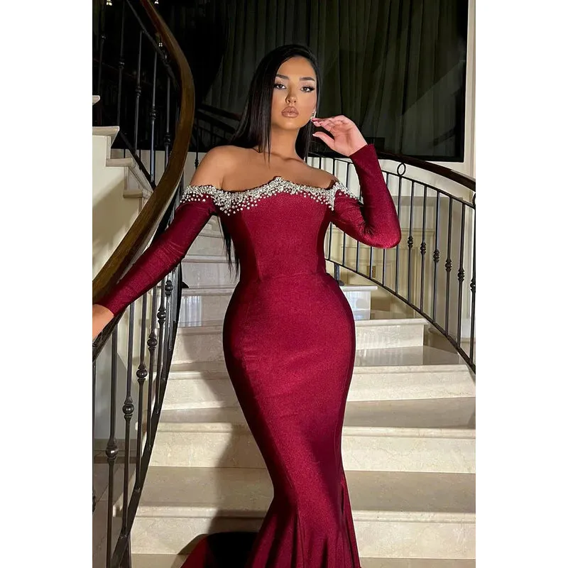 Elegant & Luxurious Off-Shoulder Long Sleeves Mermaid Evening Party Prom Dress With Rhinesto