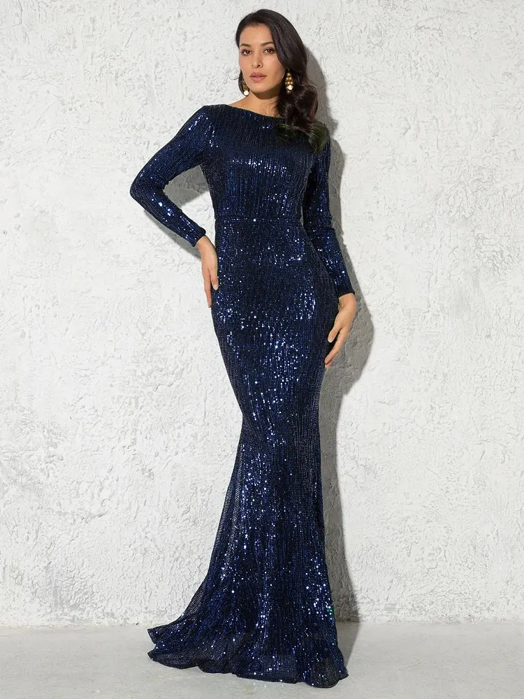 Elegant Long Sleeve Sequin Maxi Floor Length Stretchy Bodycon Shimmer Dress