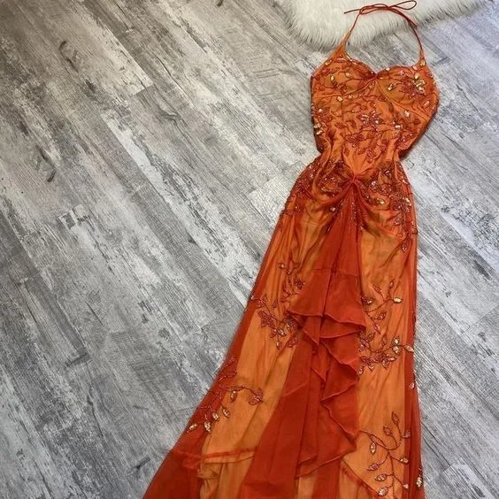 Elegant Orange Spaghetti Straps Beaded Prom Dress Party Dress       fg5364