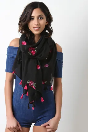 Embroider Flowers Tassel Scarf