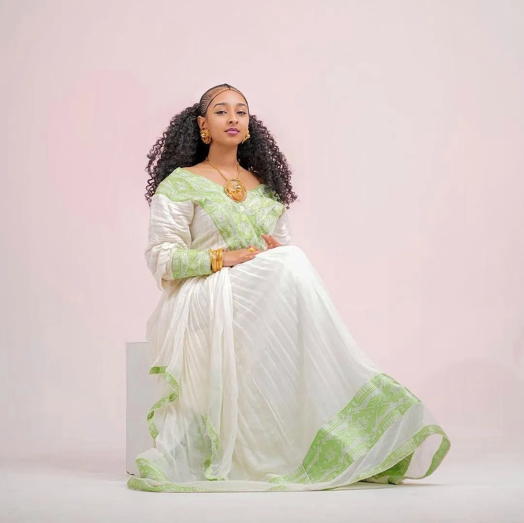 Emerald Grace Habesha Dress Light Green Elegance in Habesha Kemis