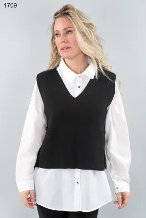 Ensemble chemisier-cardigan avec boutons dorés latéraux