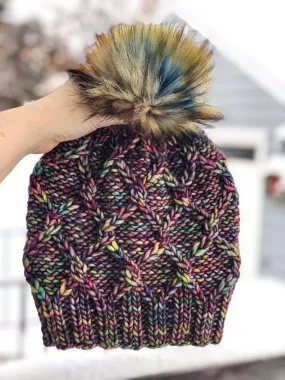 Entangled Beanie | LUXURY Handmade 100% Merino Wool Knit Beanie | Malabrigo Noventa | Detachable Faux Fur Pom Pom | ADULT size | Ready To Ship