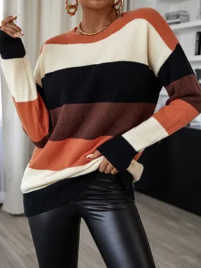 Fashionkova  Autumn Winter 2022 Women Pullover Sweater Soft Warm Suede Wool Knit Wide Colors Strips Patchwork