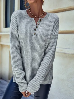 Fashionkova  Solid Grey V Neck Buttons Up Collar Slim Cutting Double Brioche Stitch Knit Women Pullover Sweater