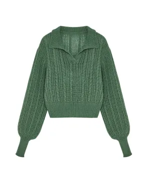 Fashionkova  Wool Solid Green Pullover Sweater For Women Turn Down Collar V-Neck Autumn Winter Knitting Clothing Lantern Sleeves