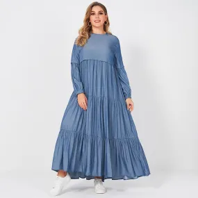 FashionSierra - New Summer Women Long Dress Fashion Sweet Pure Blue Color O-neck Pleated Cake Loose Large Size Big Swing Long Sleeve Dresses