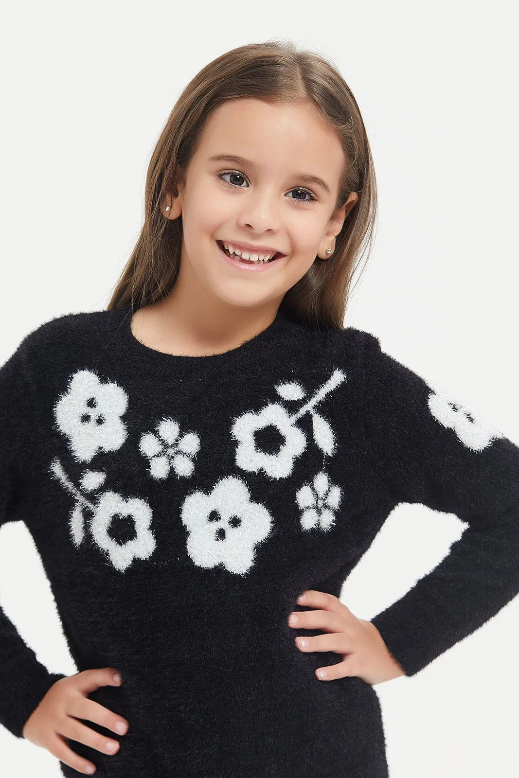 Girls Black Floral Print Pullover