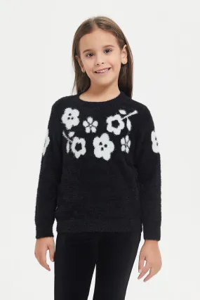 Girls Black Floral Print Pullover