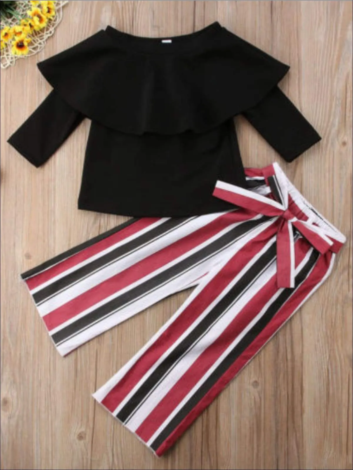 Girls Black Ruffle Off Shoulder Top And Stripe Pants Set