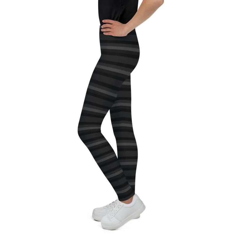 Gray Horizontal Striped Youth Leggings, Unisex Youth Tight Stretchy Pants- Made in USA/ EU