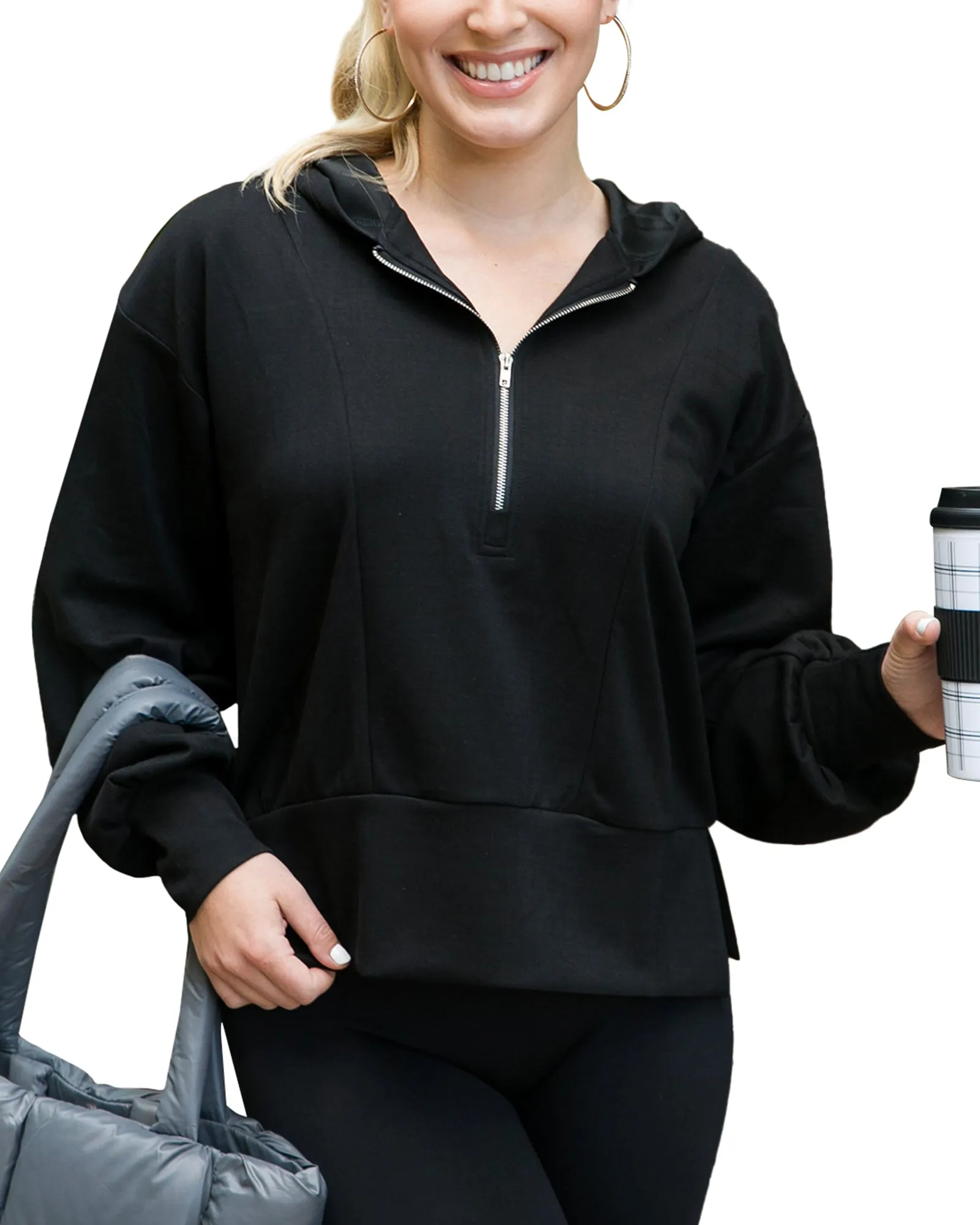 Half Zip Pullover Hoodie with Side Slit