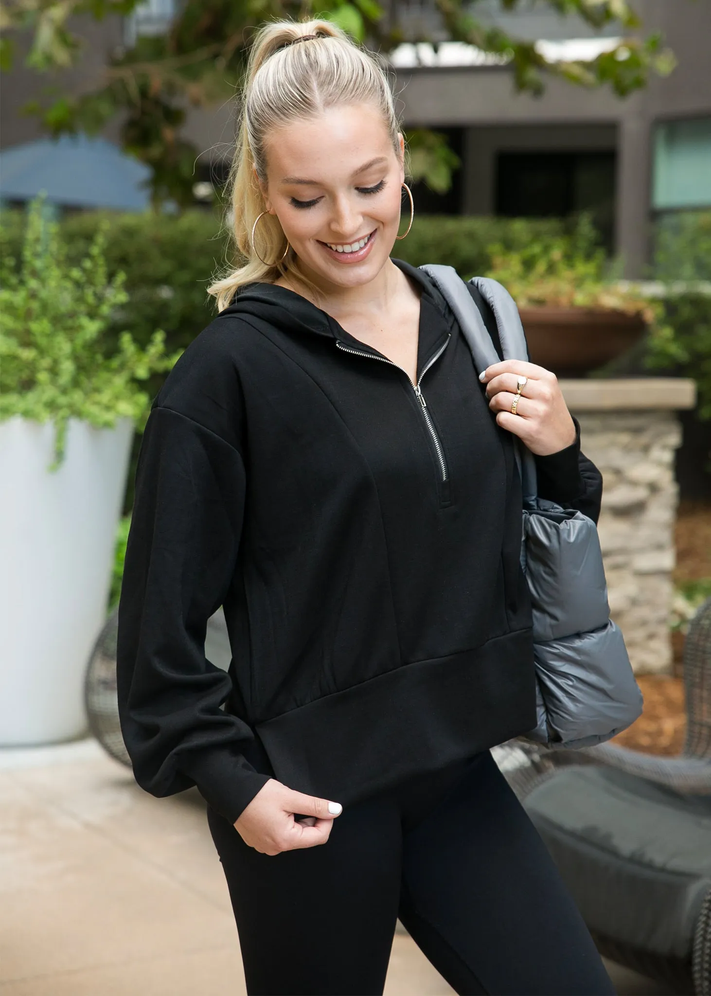 Half Zip Pullover Hoodie with Side Slit