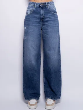 Jeans Poppy con Dettagli Used Wide Leg Blu