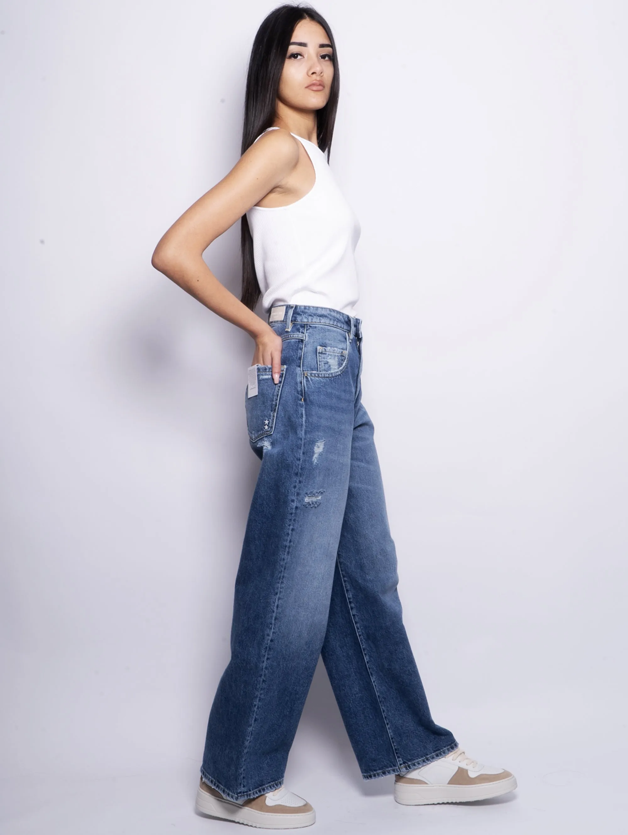 Jeans Poppy con Dettagli Used Wide Leg Blu