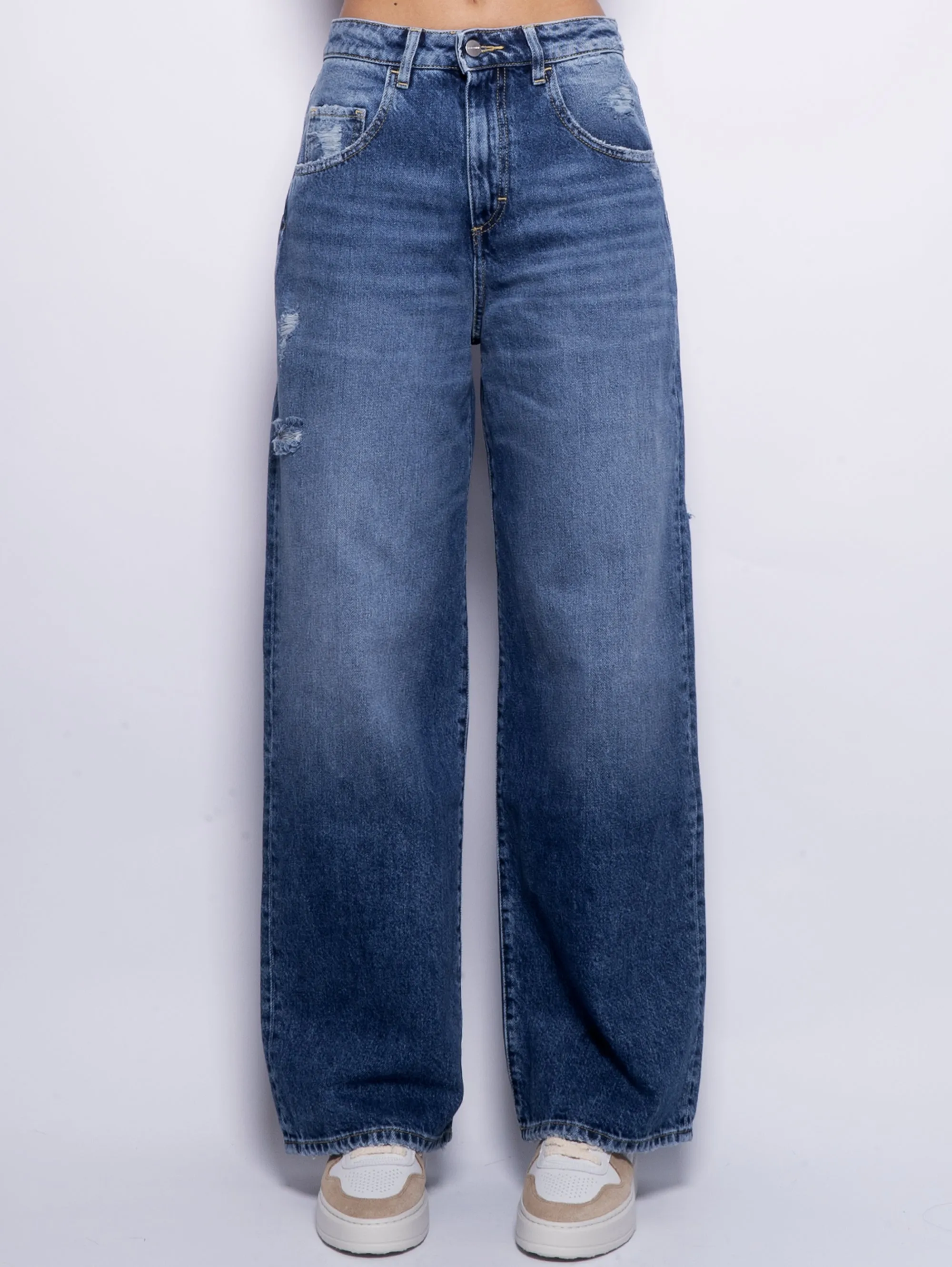 Jeans Poppy con Dettagli Used Wide Leg Blu