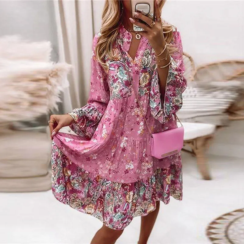 JuliaFashion - 2024 Women Ruffle Loose Women Party Dress Casual V Neck Beach Dress