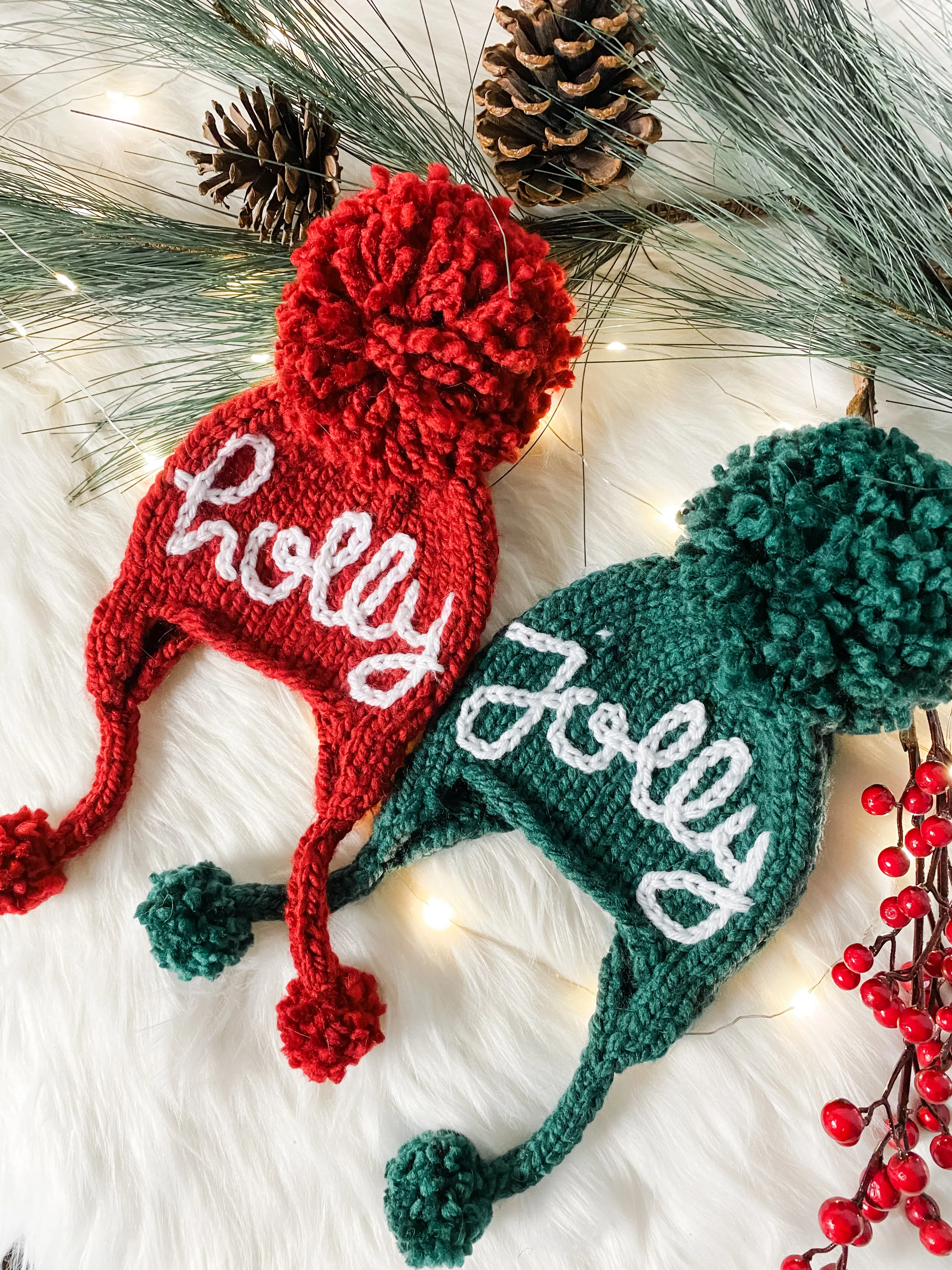 Knitted Holly Jolly Christmas Hat Set, Sibling Set for Babies and Kids, Holiday Family Photo Prop