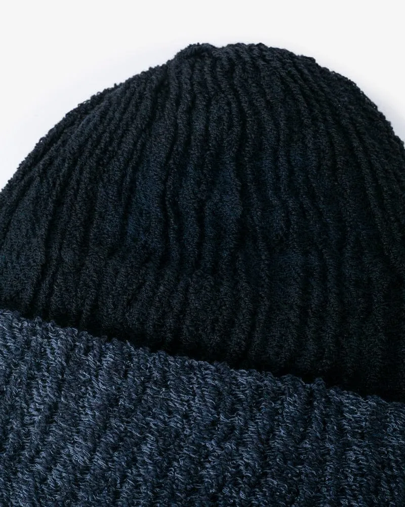 Kobo Oriza Knit Cap, Multi Functional, Cotton and Wool Blend, Split Dark Navy and Indigo, 9 ˝