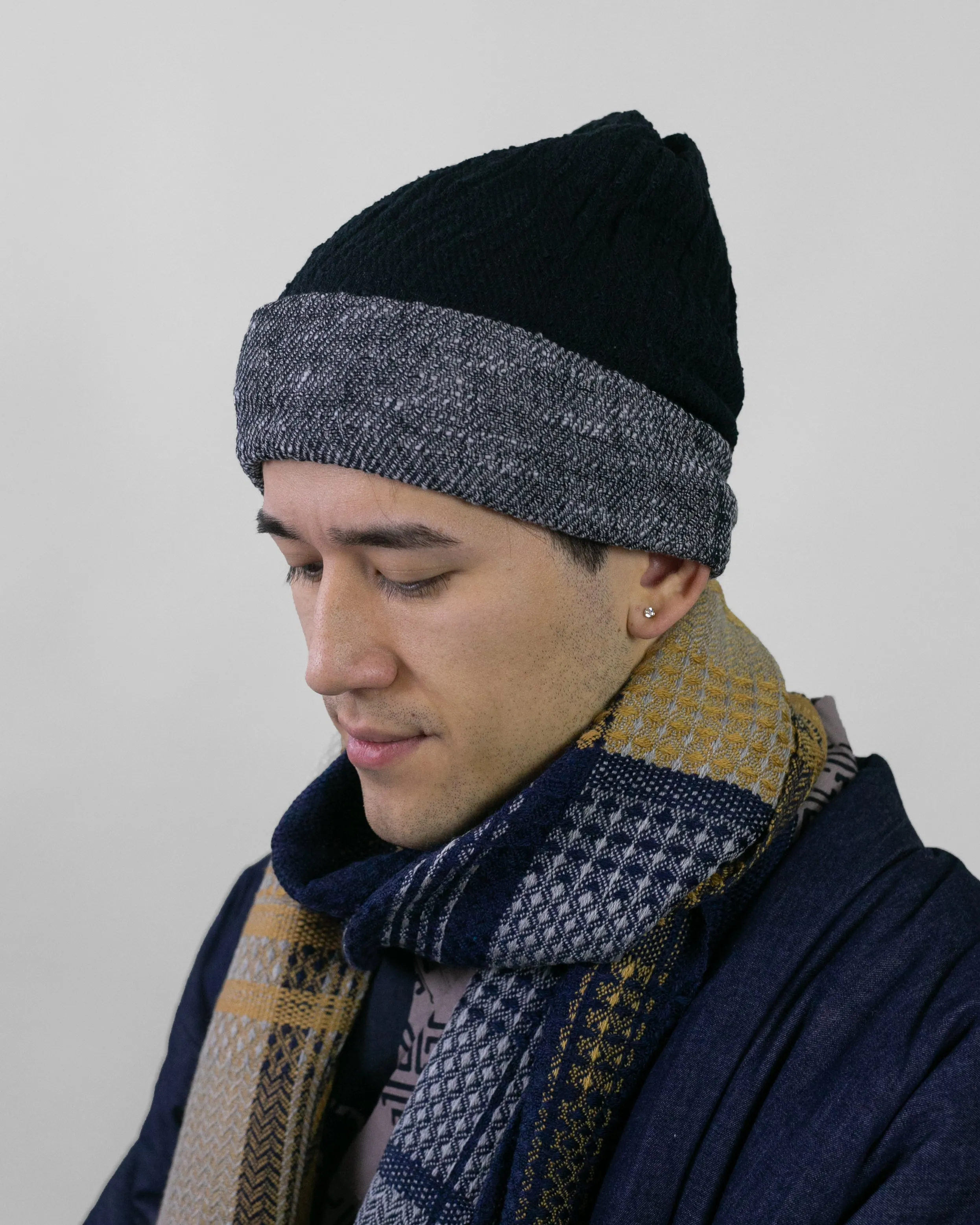 Kobo Oriza Knit Cap, Multi Functional, Cotton, Split Black and Dark Grey, 9˝