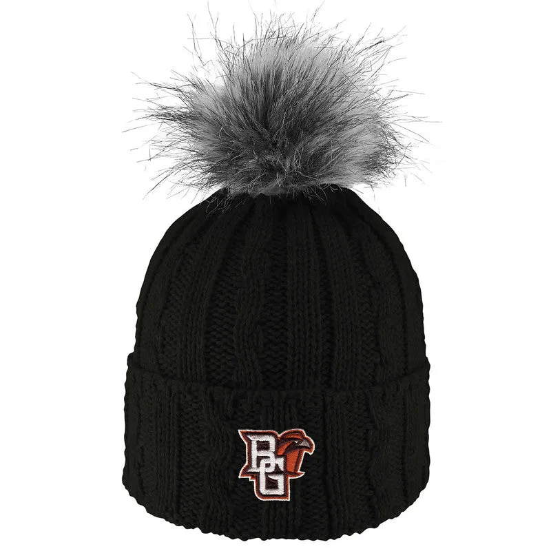 Ladies BGSU Knit Beanie with Faux Fur Pom