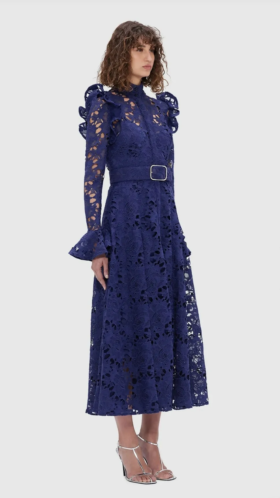 Leo Lin Aliyah Lace Butterfly Sleeve Midi Dress - Oxford Blue