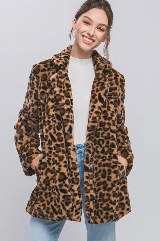 Leopard Print Notch Collar Faux Fur Teddy Coat