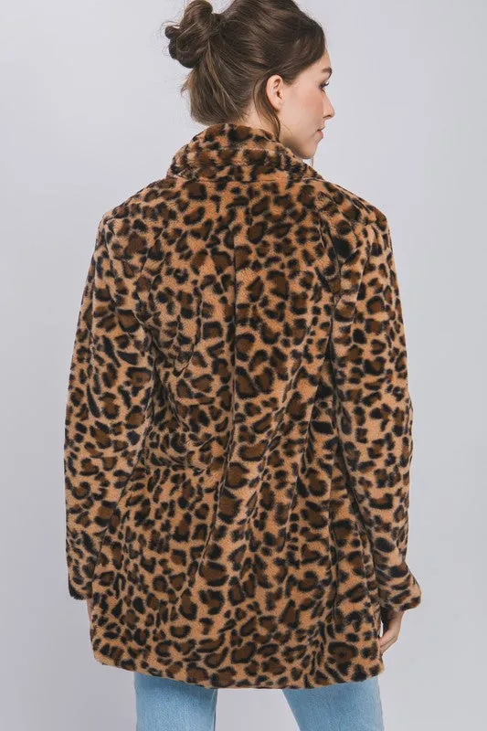 Leopard Print Notch Collar Faux Fur Teddy Coat