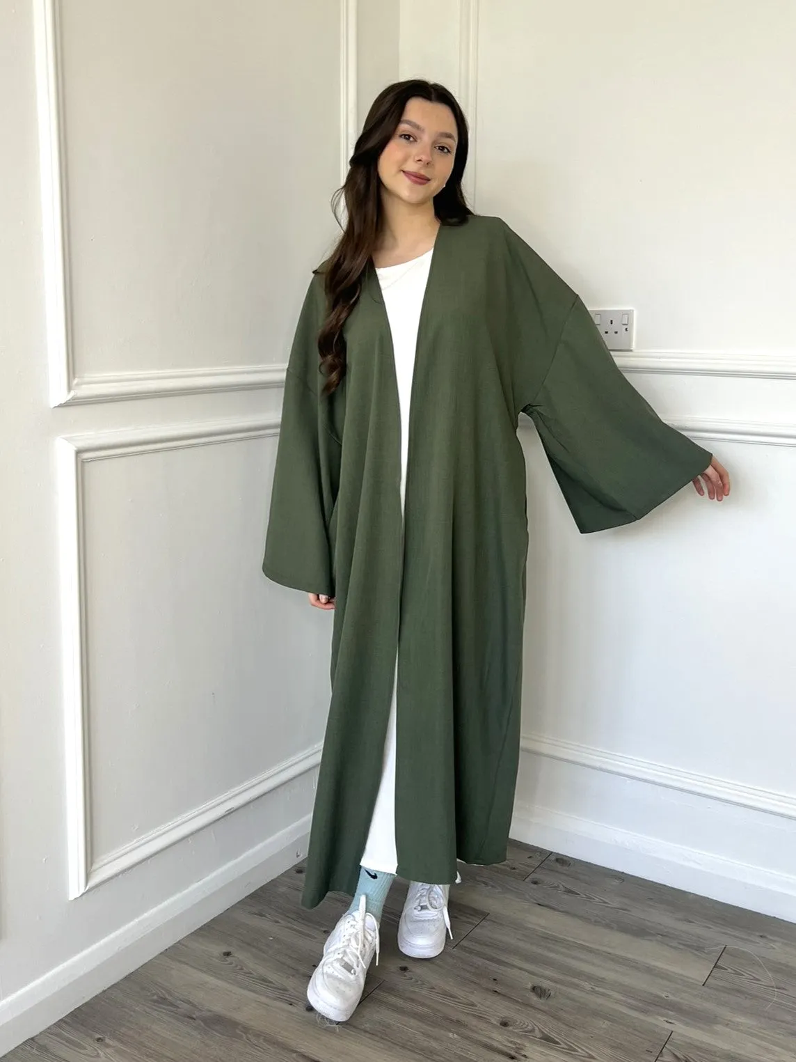 Linen Look Kimono Abaya - Khaki