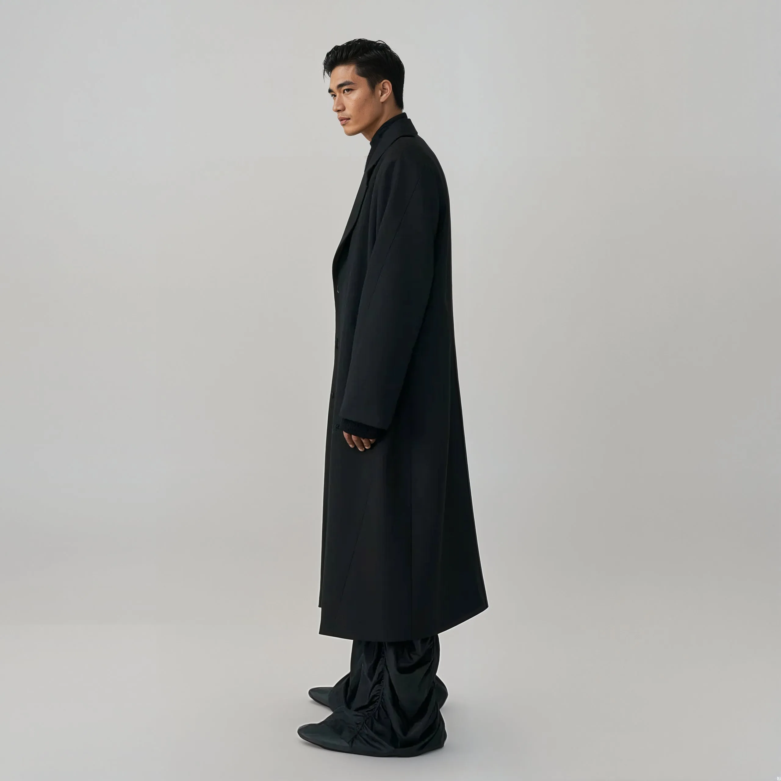 Longline Buttonless Overcoat with Notch Lapels