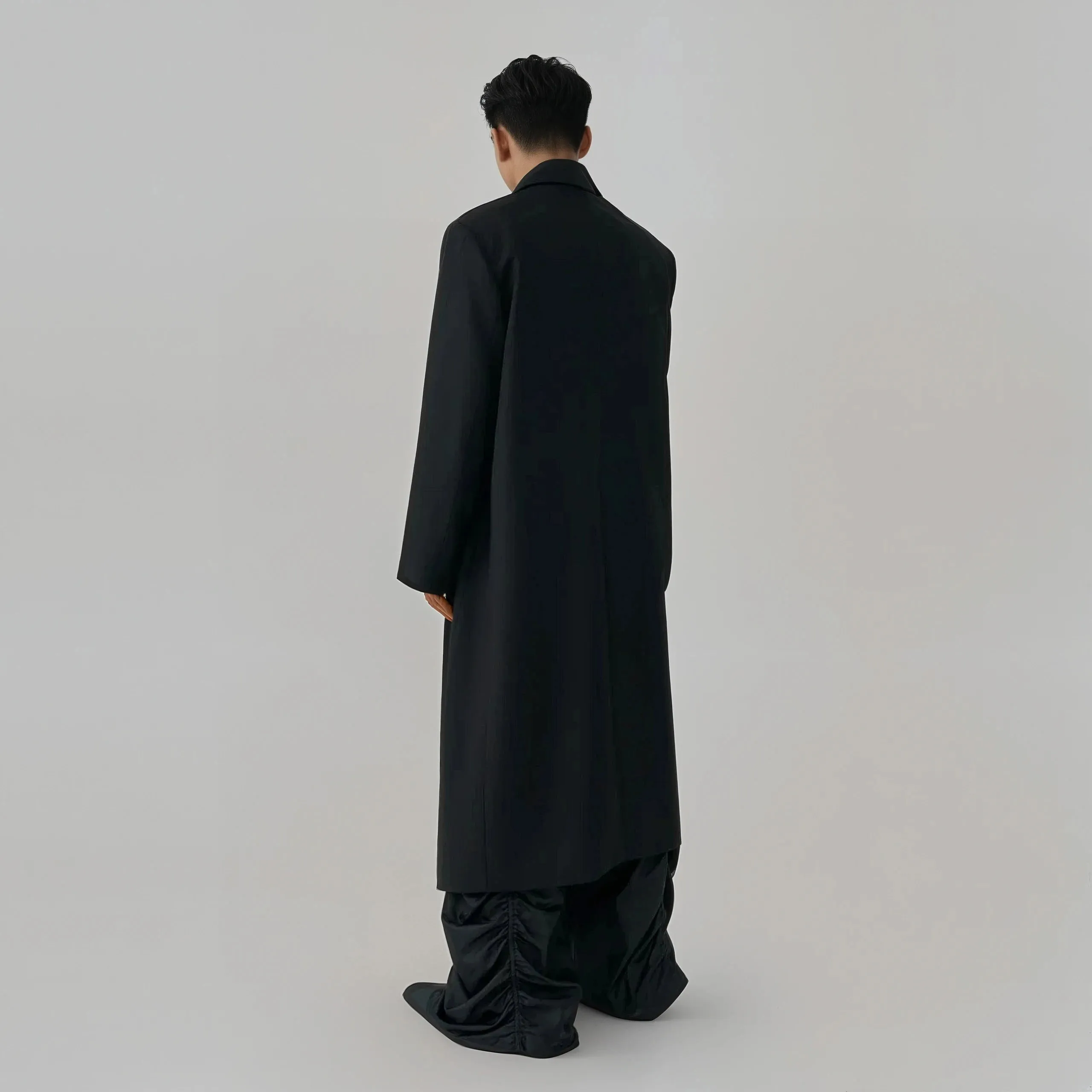 Longline Buttonless Overcoat with Notch Lapels