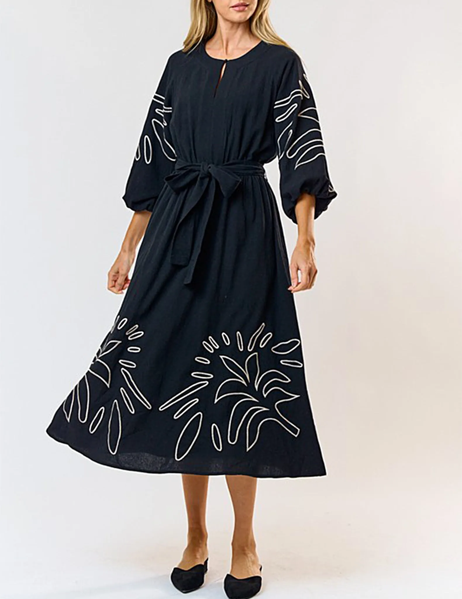 Lucia Embroidered Black Midi Dress