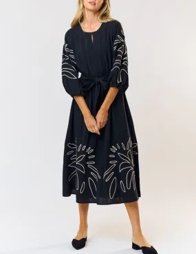 Lucia Embroidered Black Midi Dress