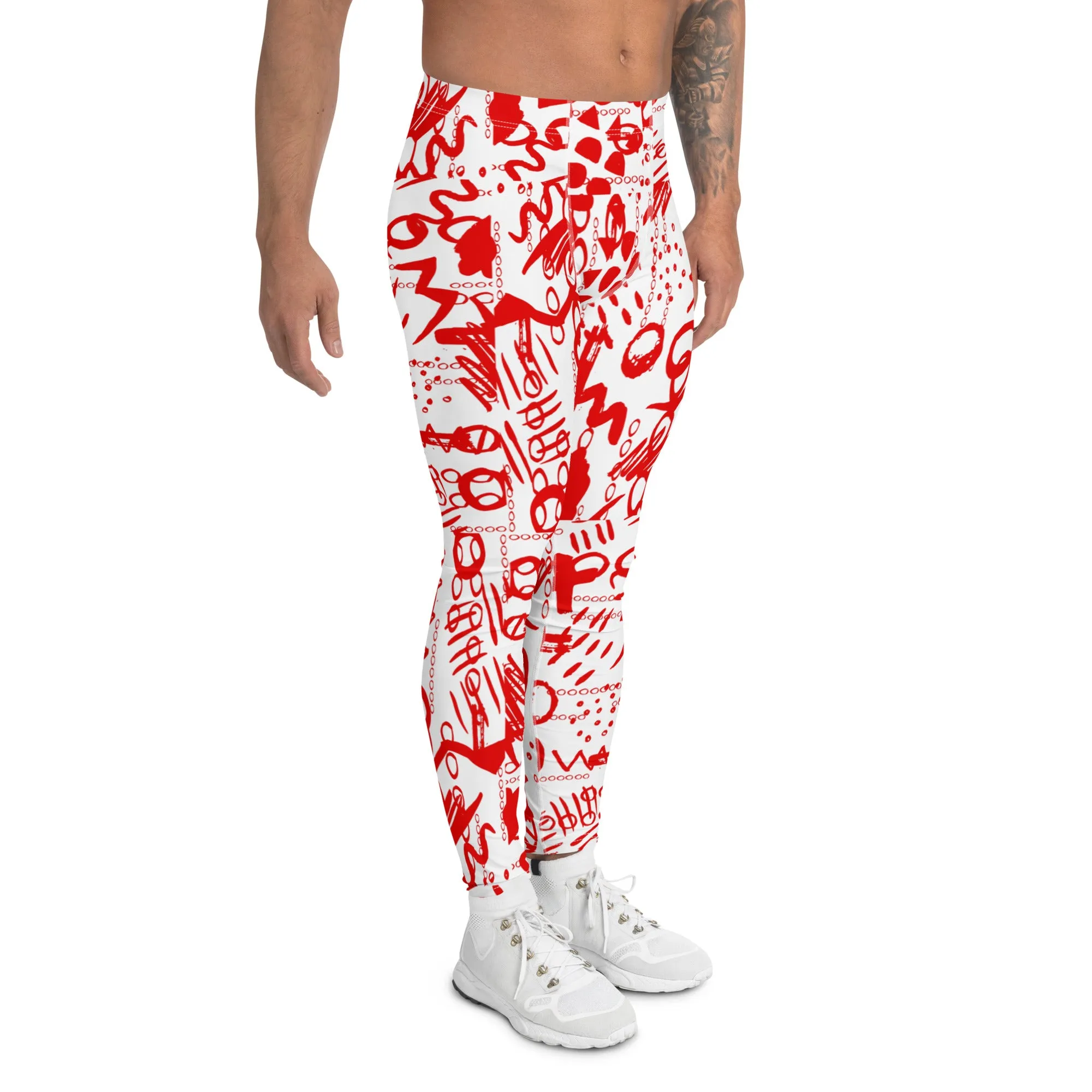 Men's Leggings, Men's Gym Leggings, Wrestling Tights, Printed Leggings, Yoga Leggings, Rave Pants, Festival Tights, Red, White