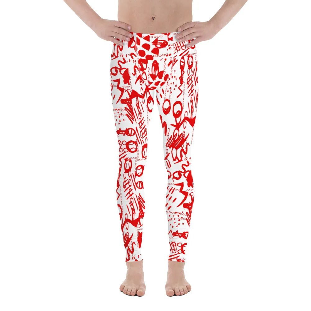 Men's Leggings, Men's Gym Leggings, Wrestling Tights, Printed Leggings, Yoga Leggings, Rave Pants, Festival Tights, Red, White