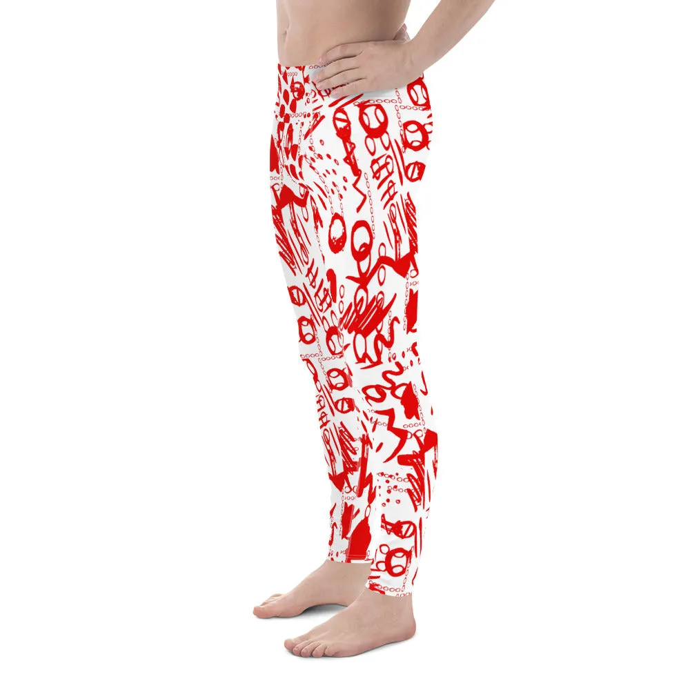 Men's Leggings, Men's Gym Leggings, Wrestling Tights, Printed Leggings, Yoga Leggings, Rave Pants, Festival Tights, Red, White