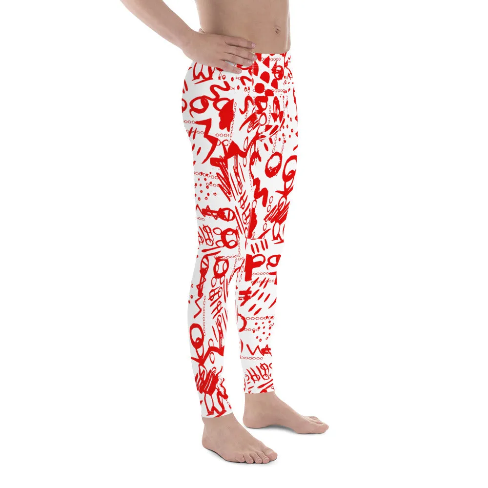 Men's Leggings, Men's Gym Leggings, Wrestling Tights, Printed Leggings, Yoga Leggings, Rave Pants, Festival Tights, Red, White