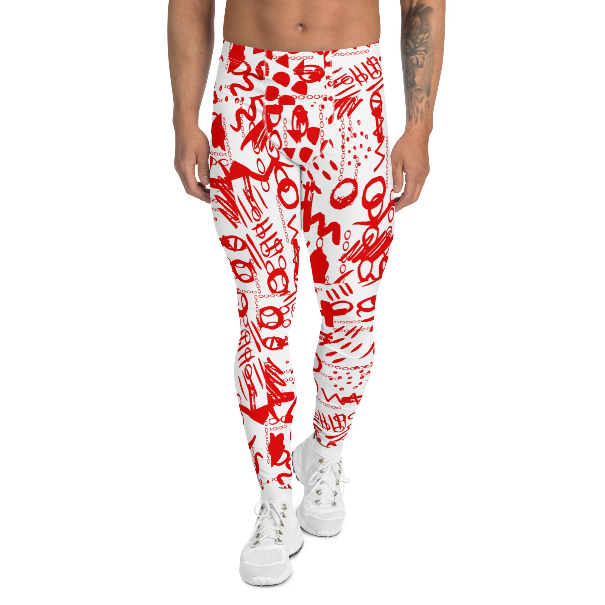 Men's Leggings, Men's Gym Leggings, Wrestling Tights, Printed Leggings, Yoga Leggings, Rave Pants, Festival Tights, Red, White