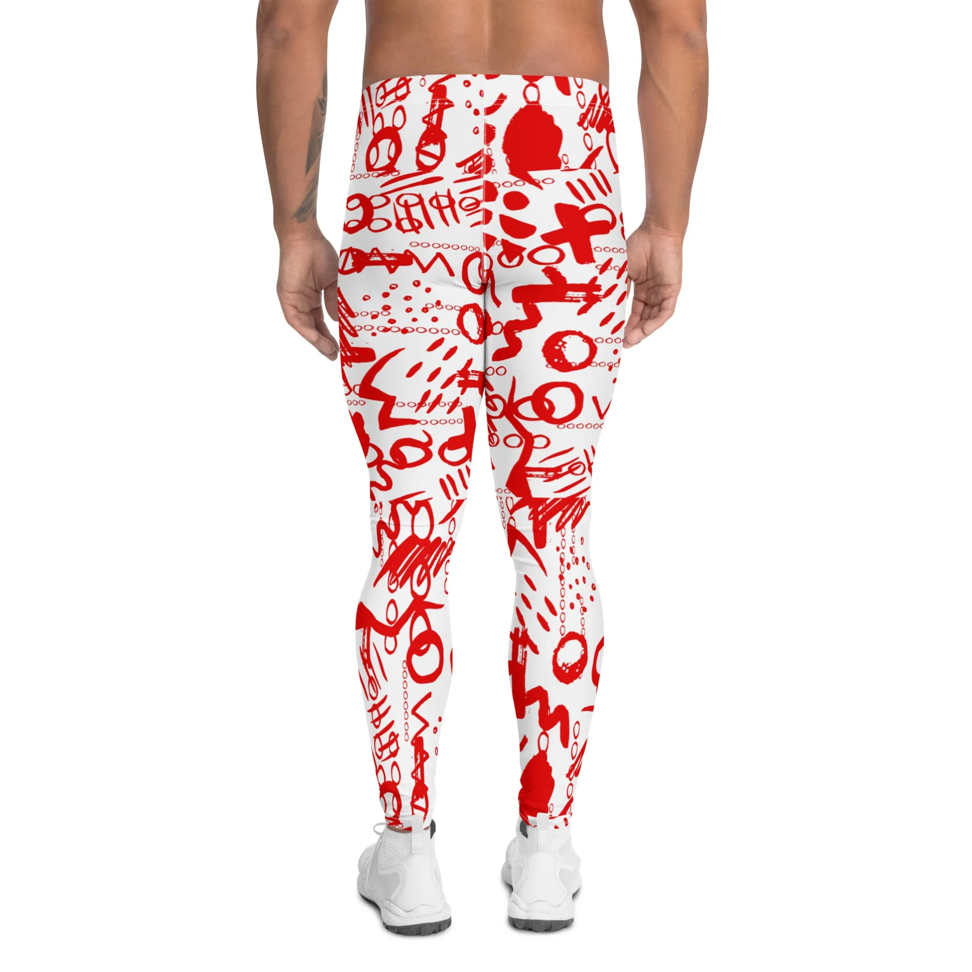 Men's Leggings, Men's Gym Leggings, Wrestling Tights, Printed Leggings, Yoga Leggings, Rave Pants, Festival Tights, Red, White