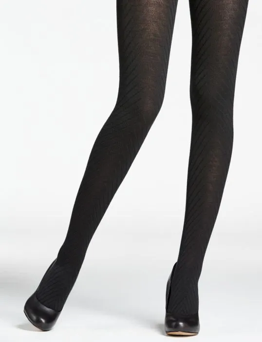 Merino Wool Herringbone Pattern Tights in Black - S